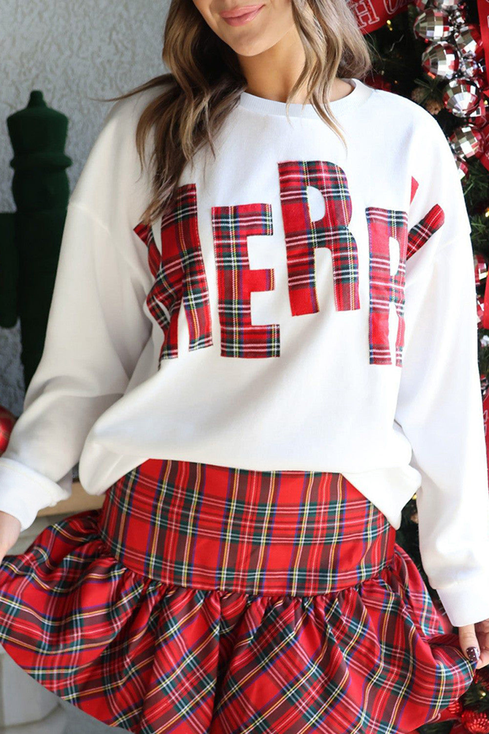 White Plaid Merry Sweatshirt Preorder-November