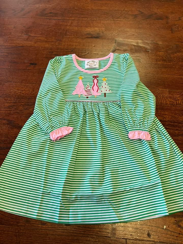 Girls Green Striped Christmas Tree Dresses-RTS