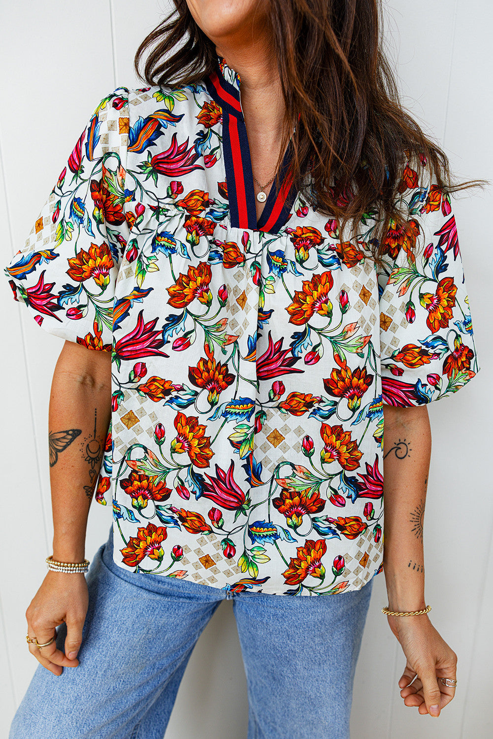 Contrasted Floral V Neck Blouse FB