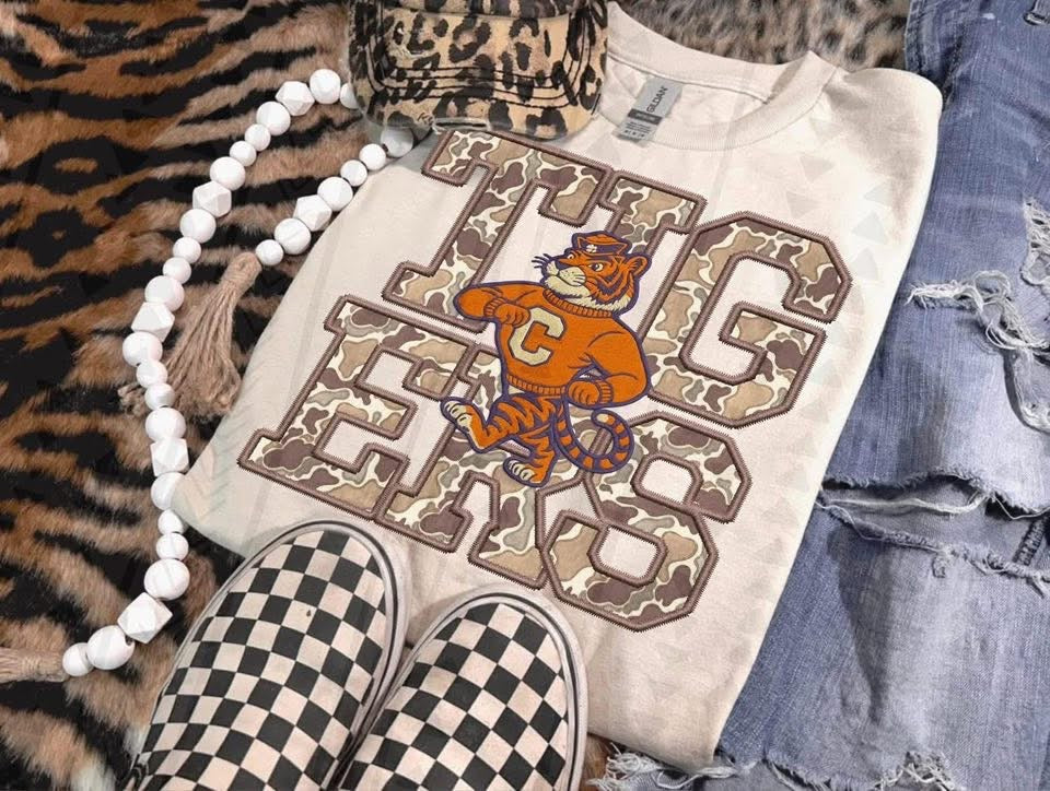 Youth Camo Faux Embroidered Mascots-Long Sleeve Tee