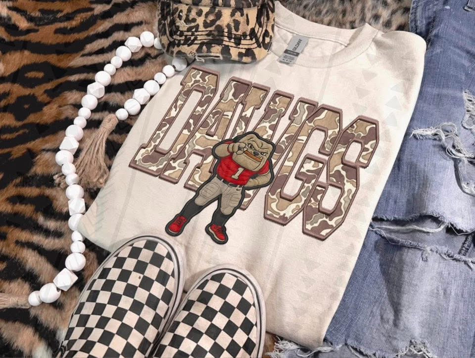 Youth Camo Faux Embroidered Mascots-Long Sleeve Tee