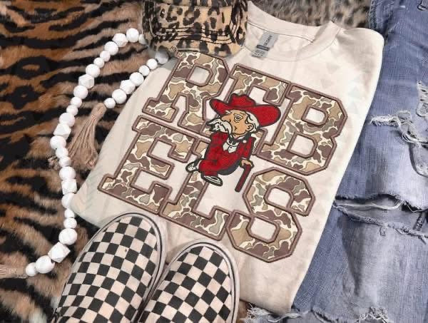 Youth Camo Faux Embroidered Mascots-Long Sleeve Tee