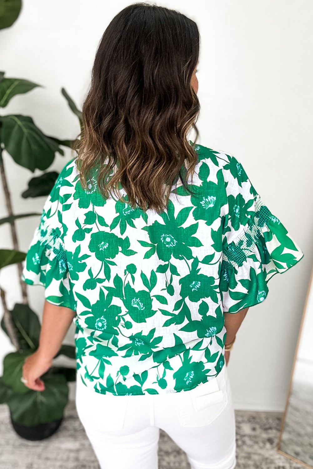 Green Floral Ruffle Sleeve Blouse-ETA LATE MAY