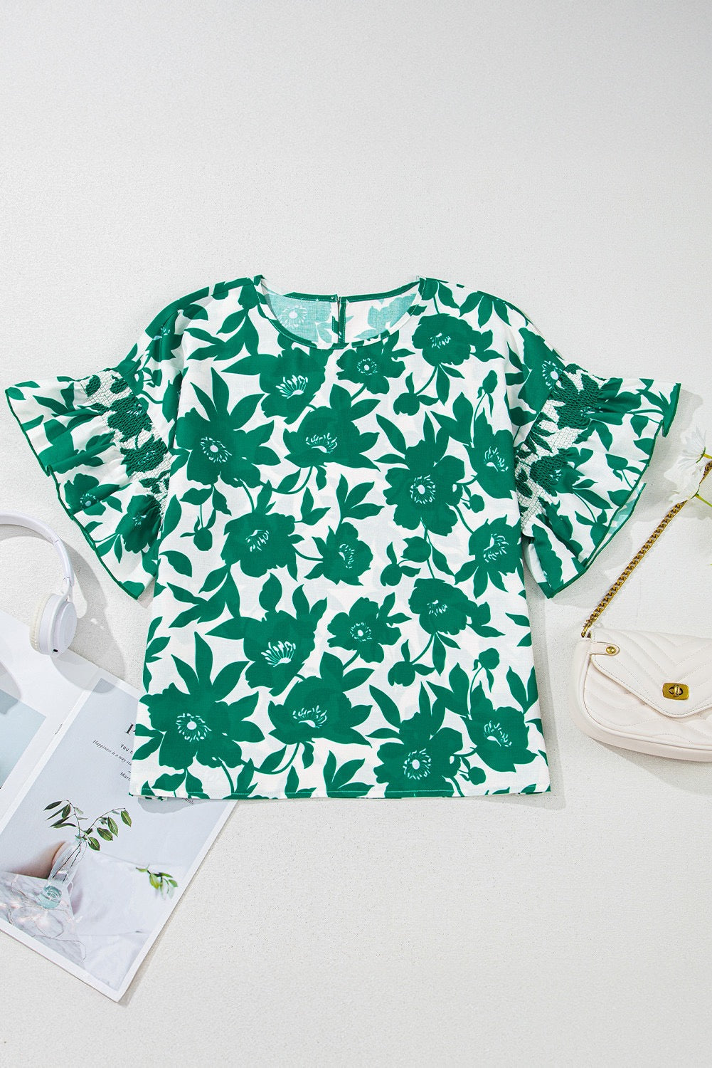Green Floral Ruffle Sleeve Blouse-ETA LATE MAY