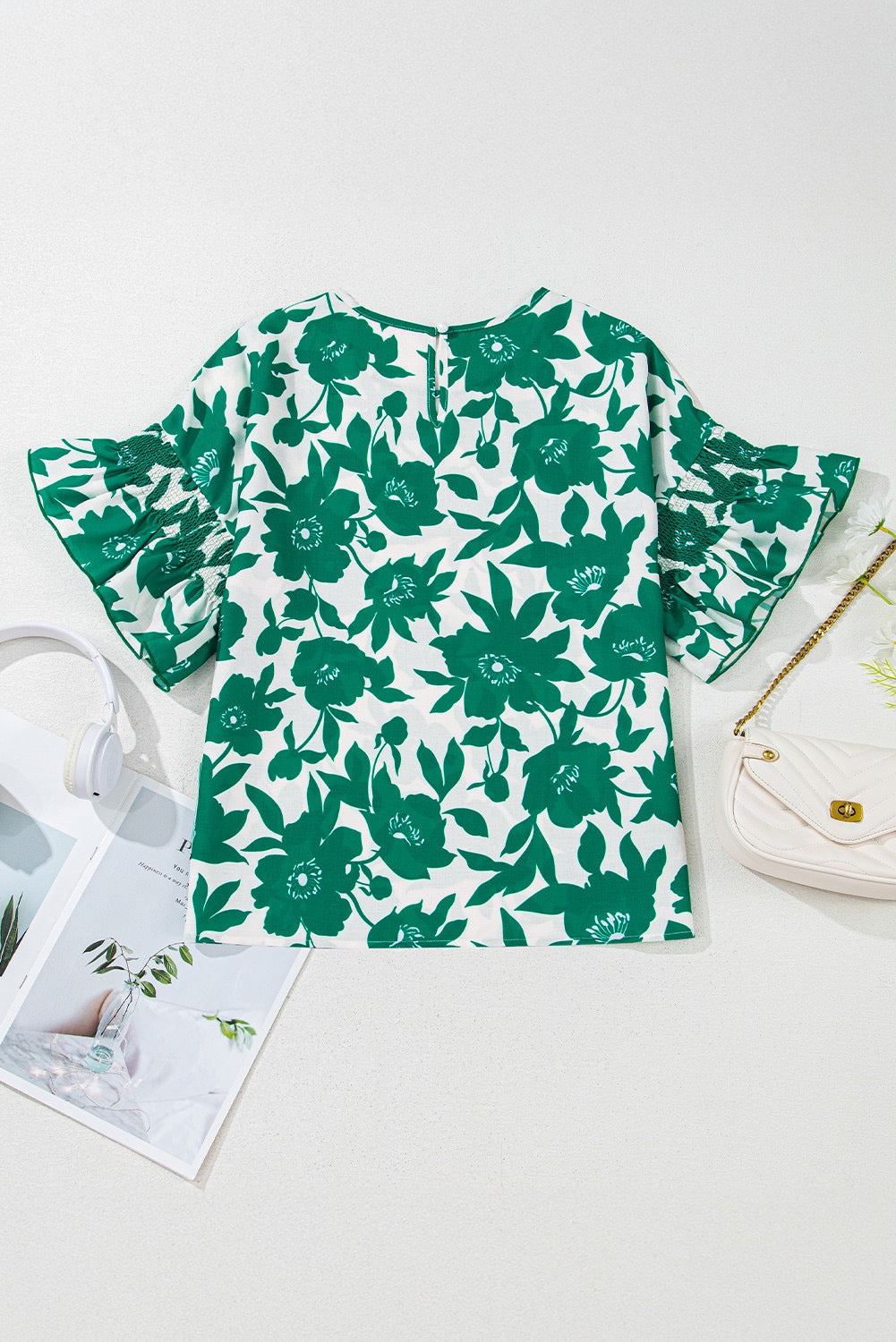 Green Floral Ruffle Sleeve Blouse-ETA LATE MAY
