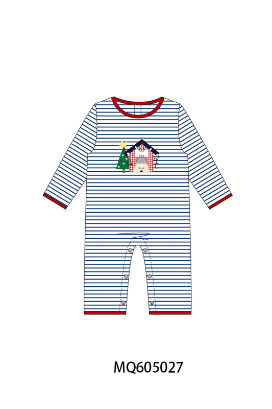 Navy stripe Christmas tree puppy appliqué collection-ETA early December
