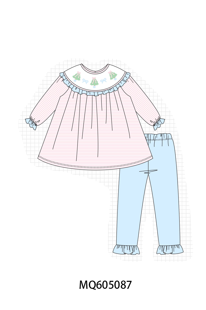 Pink stripe Christmas tree bow embroidery ruffle collection-ETA early December