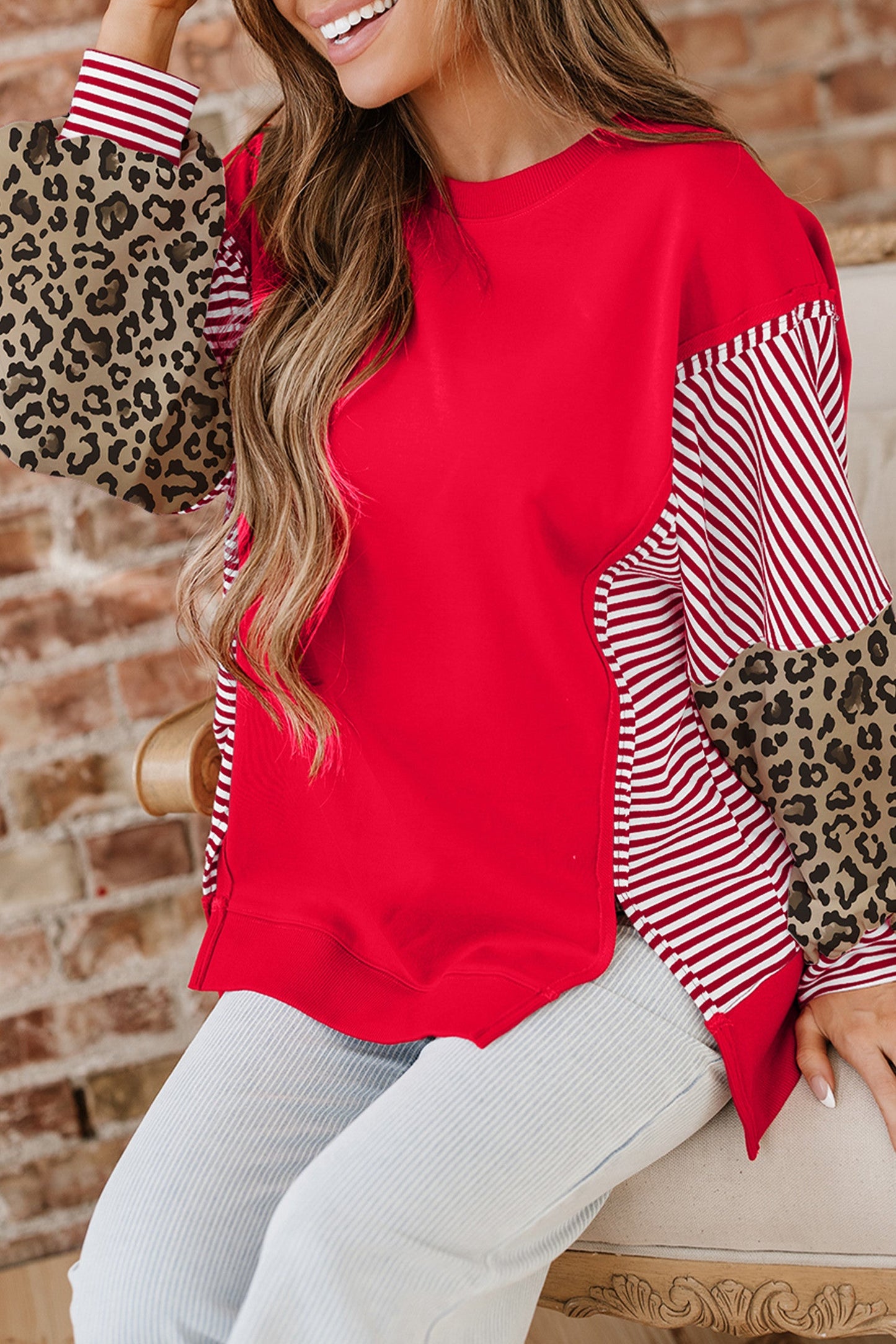 Striped Leopard Sleeve Sweater FB
