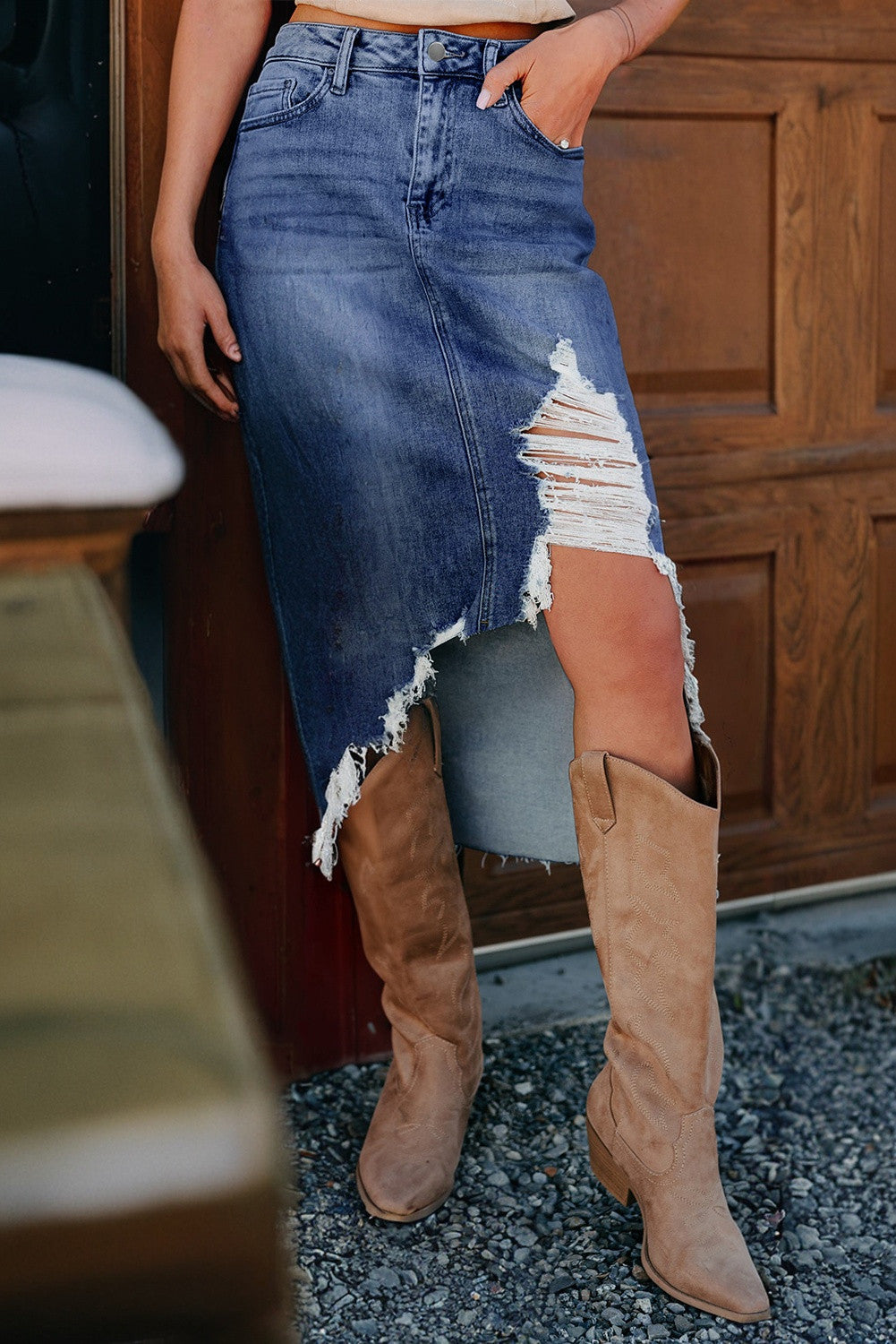 Distressed Denim Midi Skirt FB