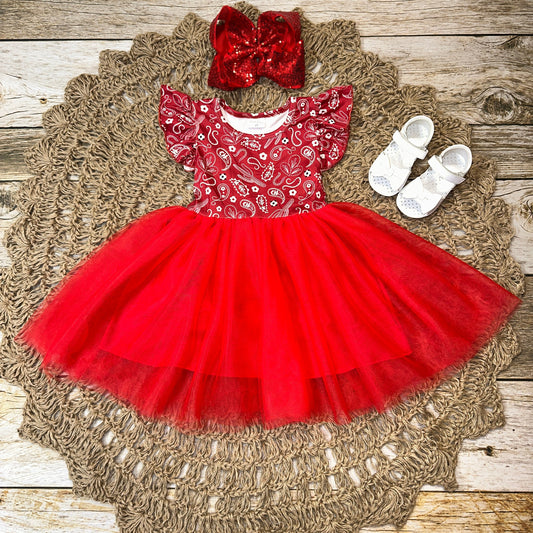 Red Paisley Bandana Printed Tulle Dress