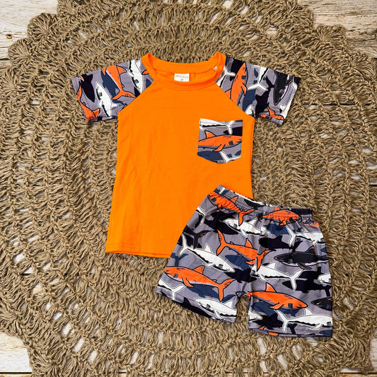 Orange Shark Print Pocket Raglan and Shorts Set