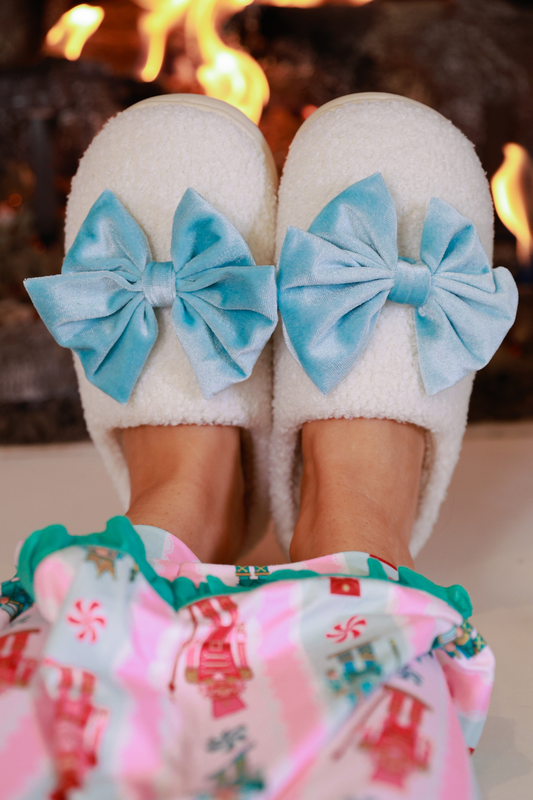 PREORDER-Cozy Bow Slippers- White/Aqua