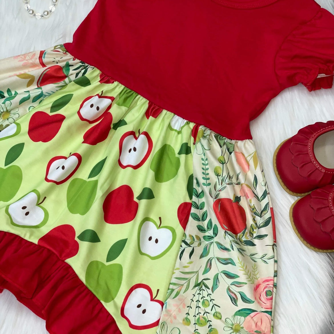 Red & Green Apple Printed Back to School Dress