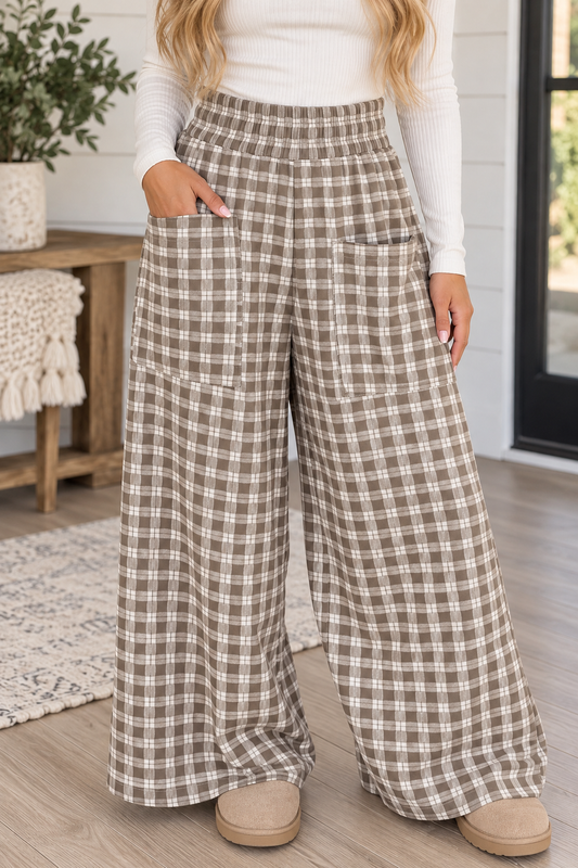 Brown Plaid Wide Leg Pants