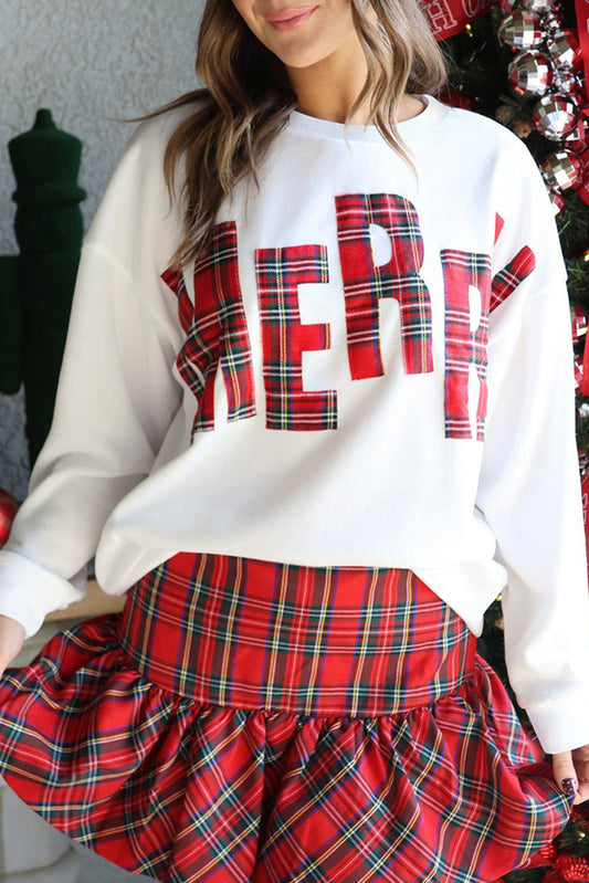 White Plaid Merry Sweatshirt Preorder-November