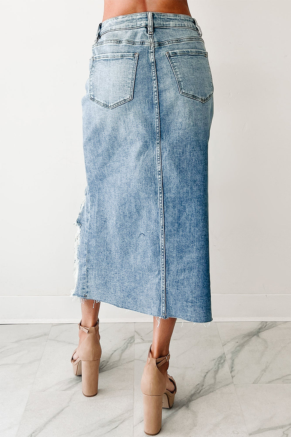 Distressed Denim Midi Skirt FB