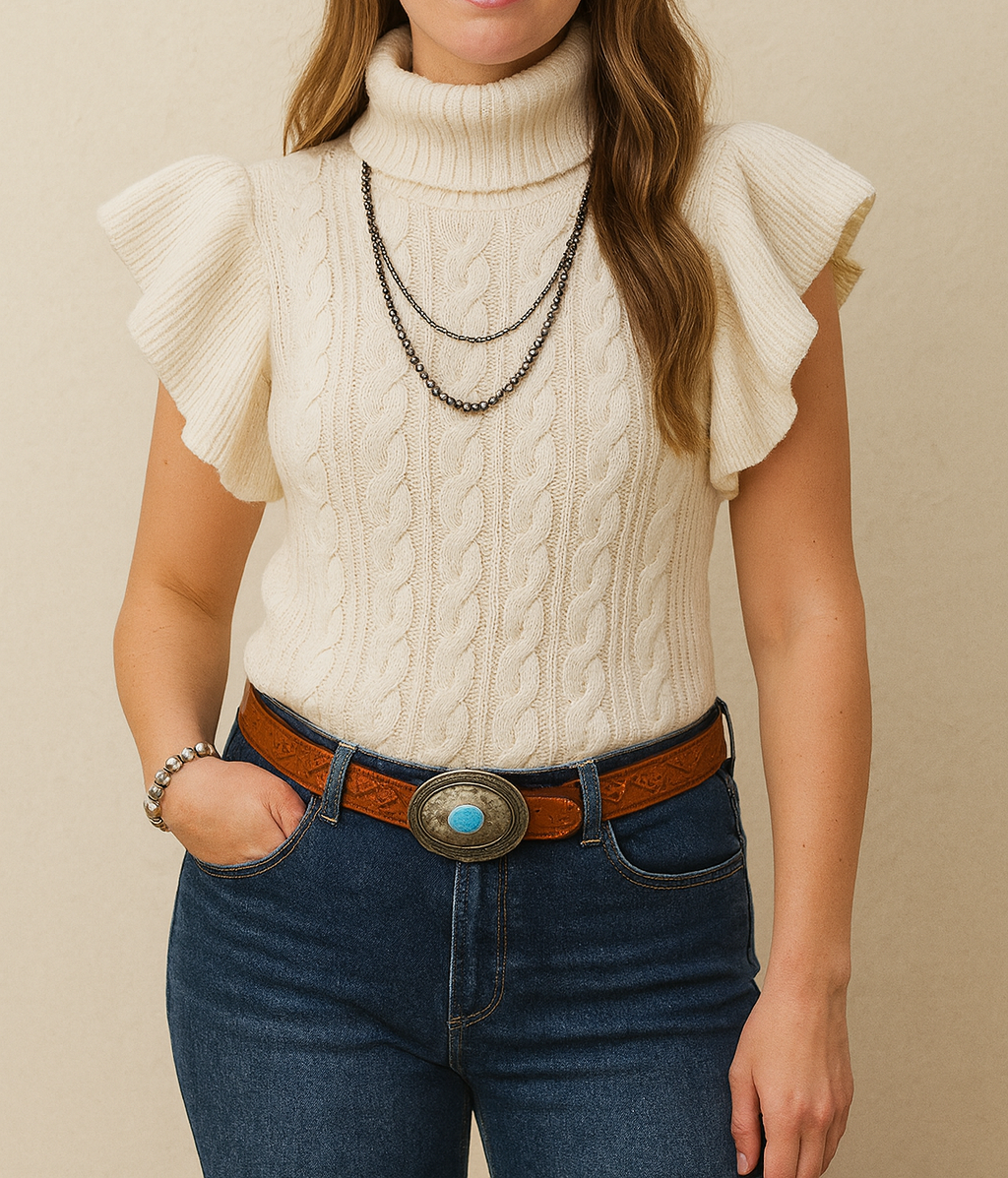 Cable Knit Ruffled Sweater