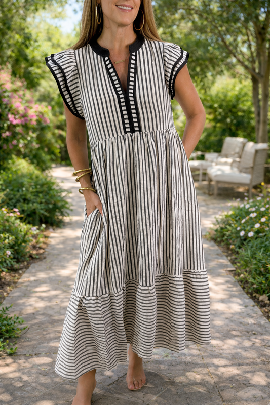 Stripe Double Ruffle Midi Dress RTS