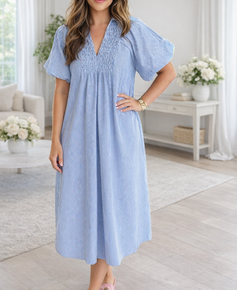 Blue Stripe Shirred Plus Size Midi
