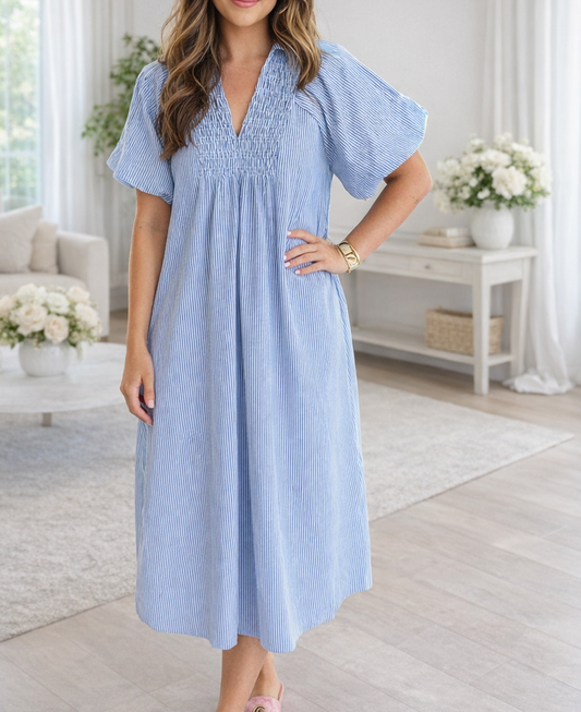 Blue Stripe Shirred Plus Size Midi