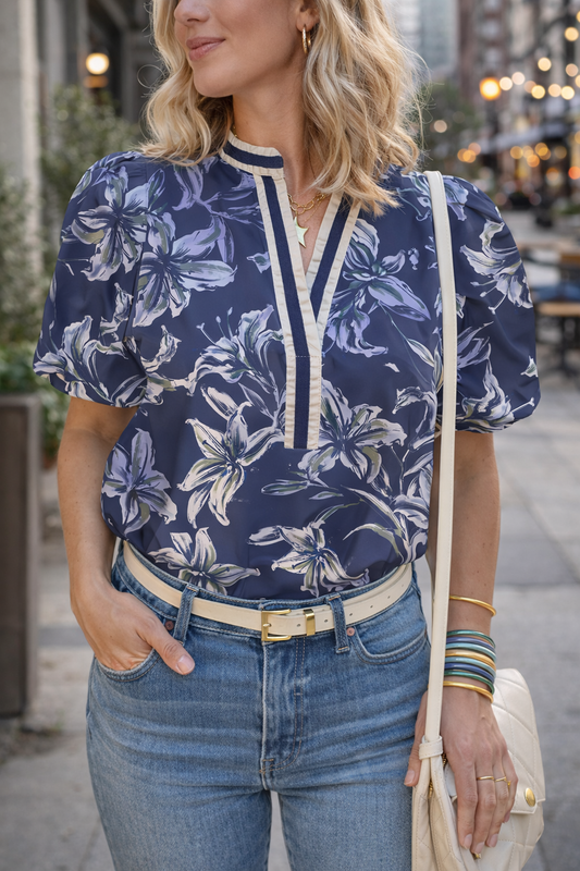 Blue Floral Trim Blouse FB