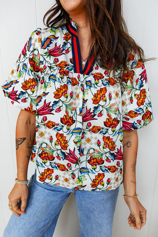 Contrasted Floral V Neck Blouse FB