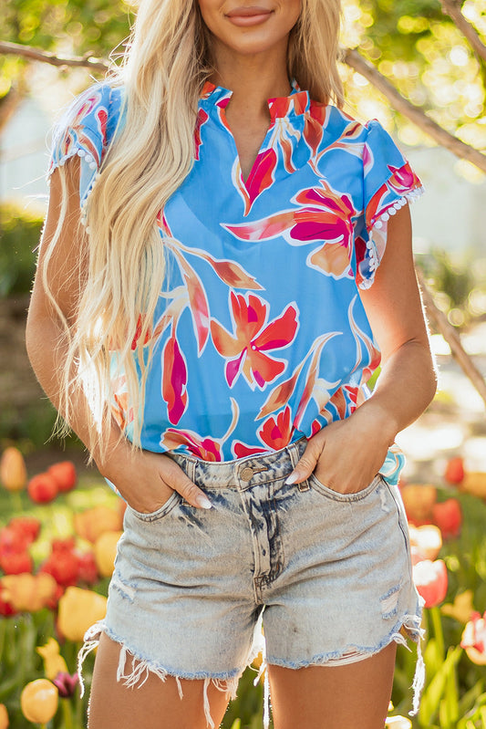 Floral Pom Pom Trim Blouse FB