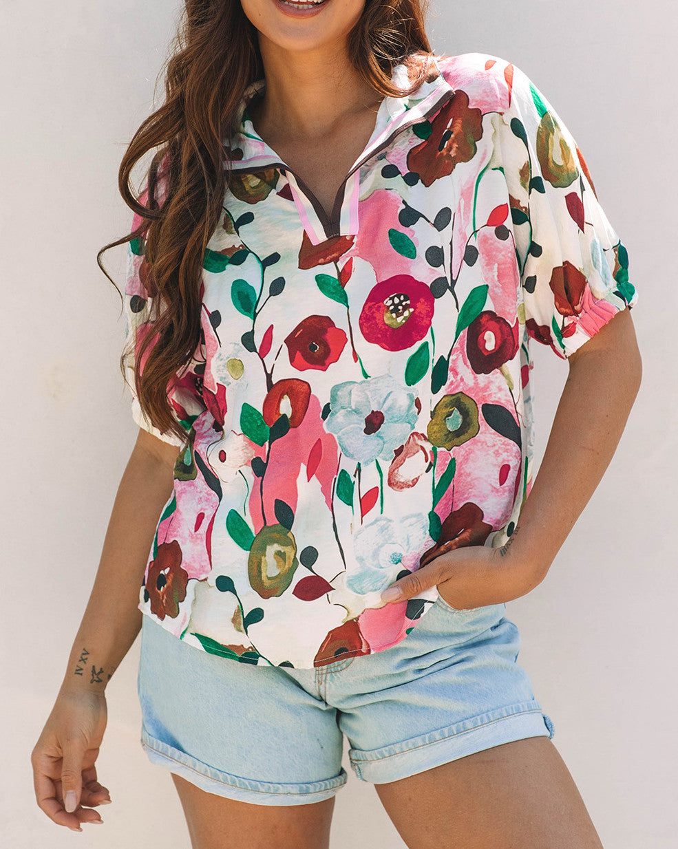 Floral Slit Neck Blouse FB