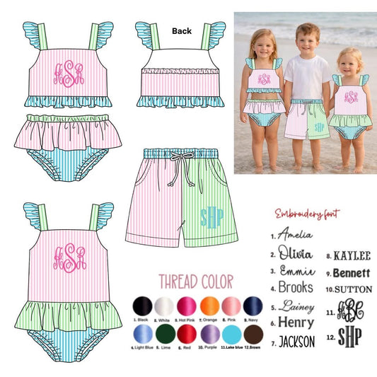 Personalized Seersucker Embroidered Swim-ETA JUNE