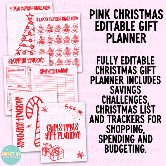 Editable Pink Christmas Gift Planner – 8.5” x 11” Canva Template | Holiday Budget, Gift & Shopping Tracker (Digital Download)