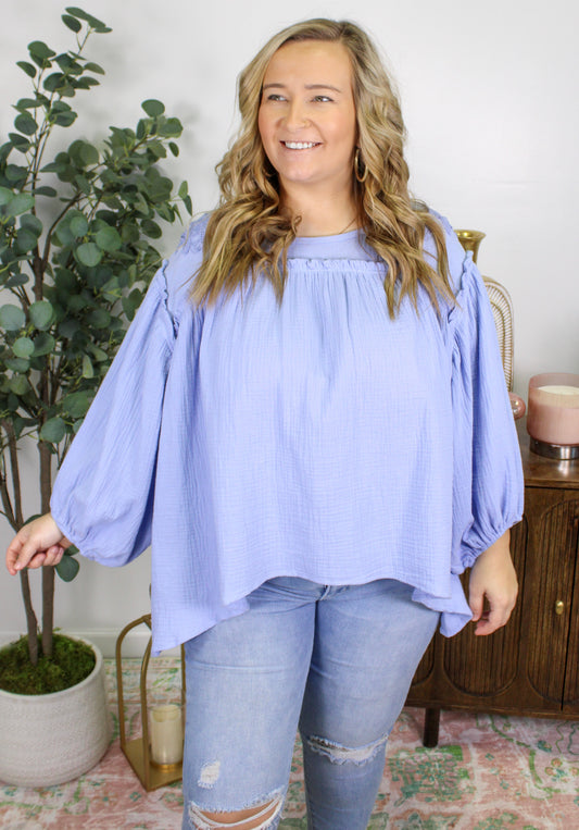 Blue Floral Embroidered Plus Size Blouse LT