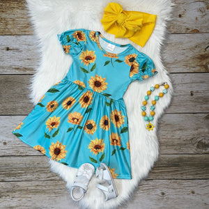Aqua Blue Sunflower Print Mid-Twirl Dress