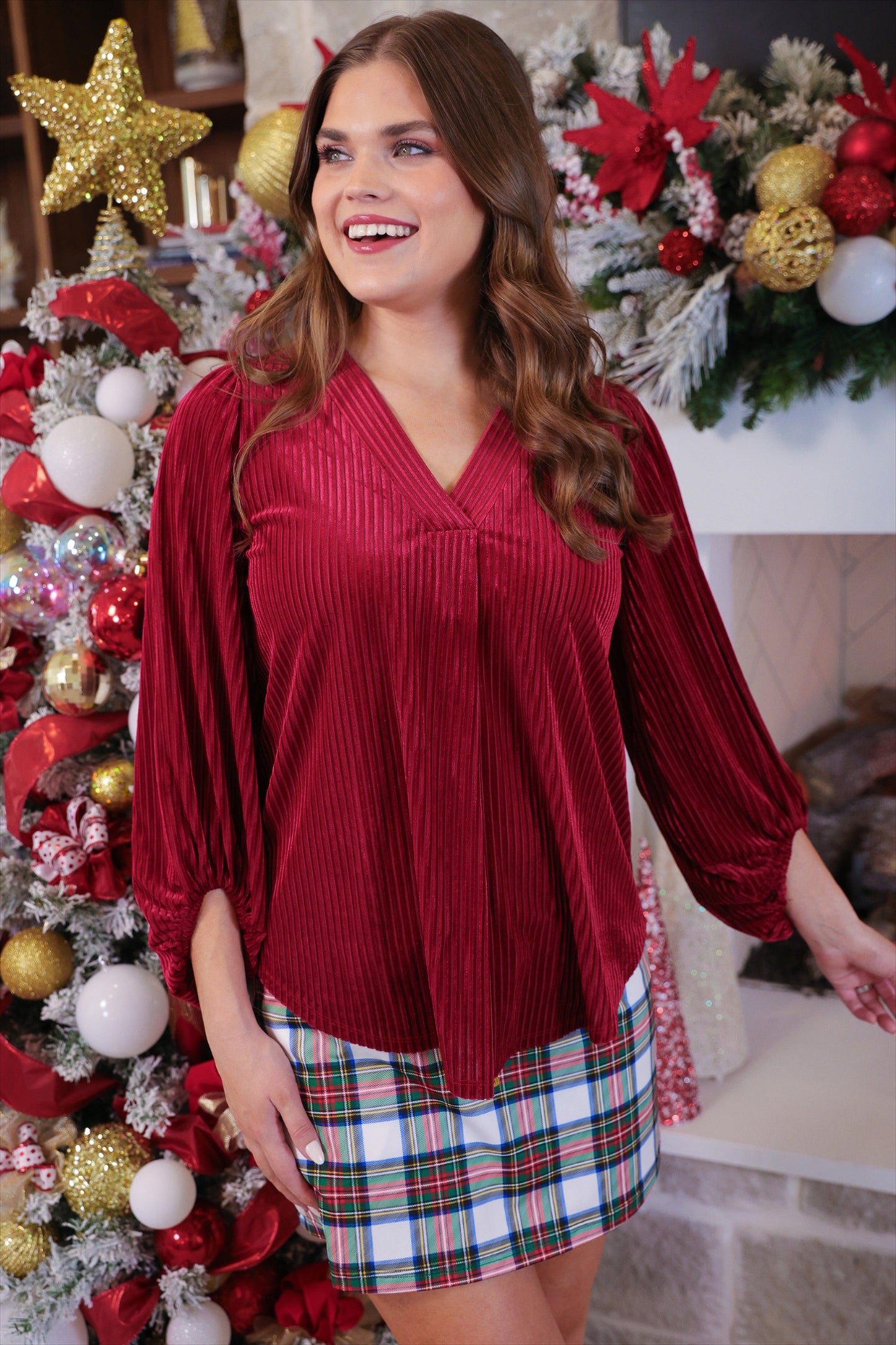 Ivy Velvet Textured Top- Red