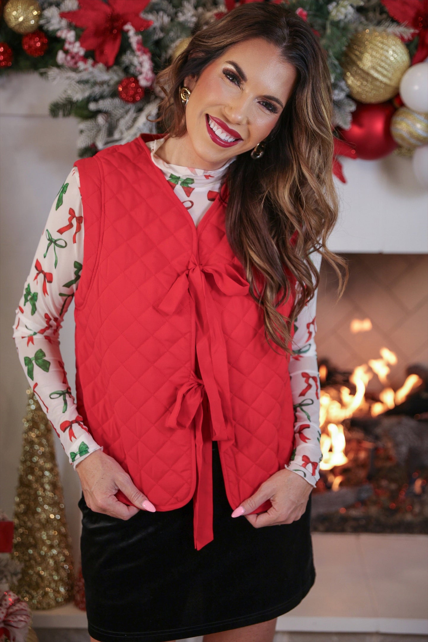 Twila Quilted Tie Vest- Red