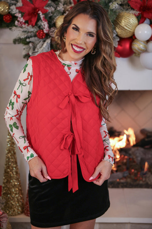 Twila Quilted Tie Vest- Red