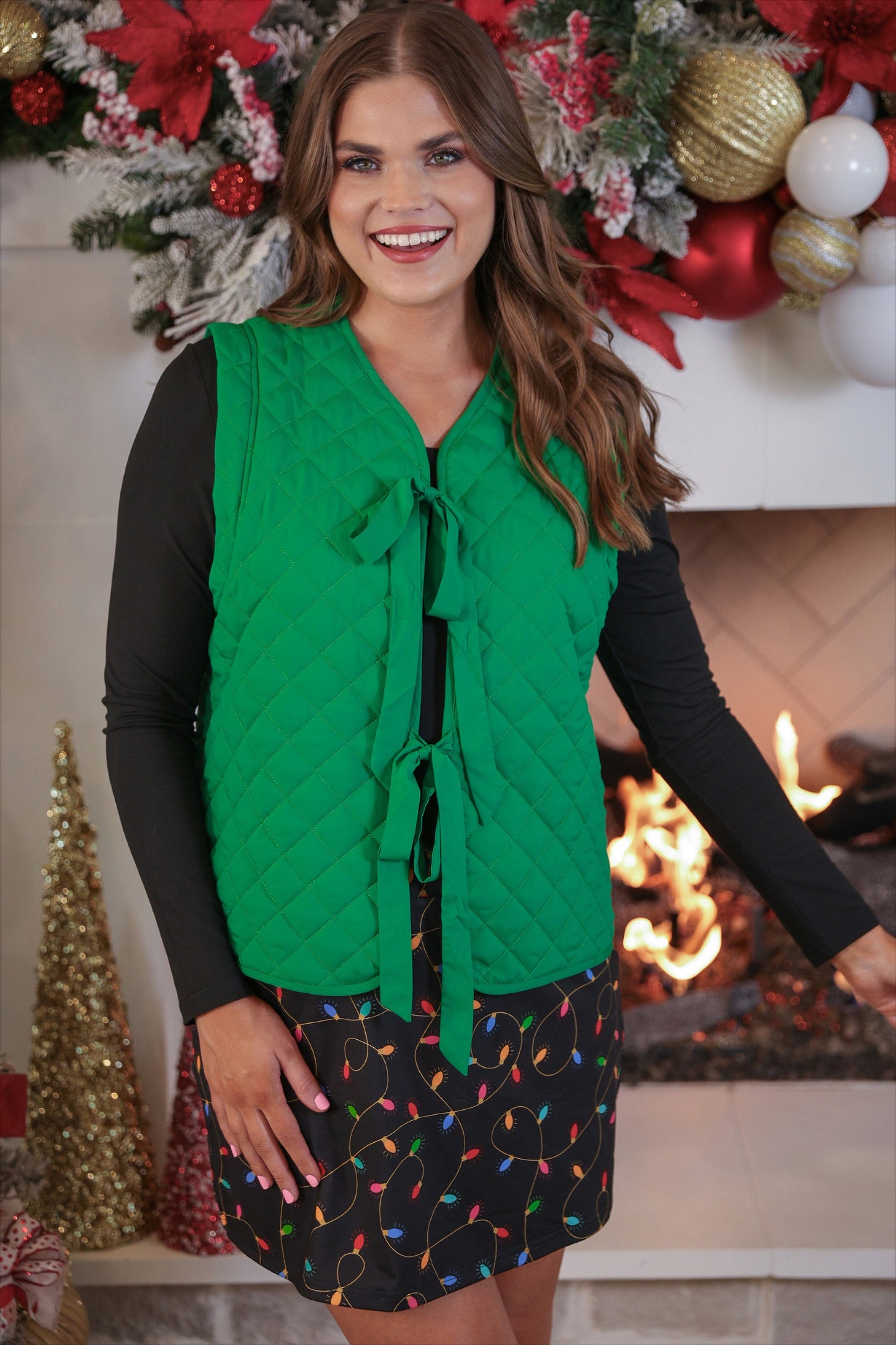 Twila Quilted Tie Vest- Green