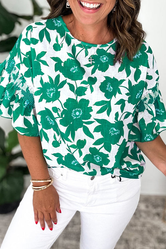 Green Floral Ruffle Sleeve Blouse-ETA LATE MAY