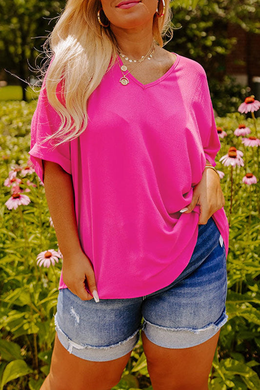 Pink Plus Size Cuffed Sleeve Blouse LT