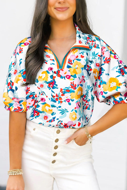 Teal and Orange Floral Striped Blouse LT