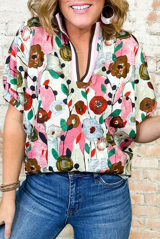 Floral Stripe Collar Blouses LT