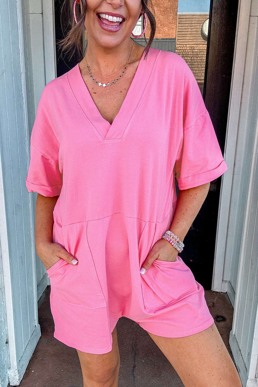 Pink V Neck Romper FB