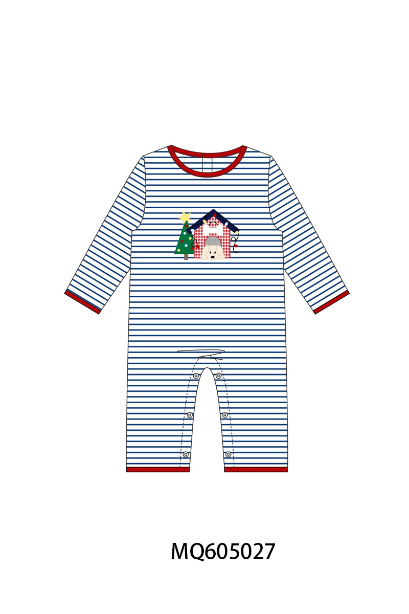 Navy stripe Christmas tree puppy appliqué collection-ETA early December