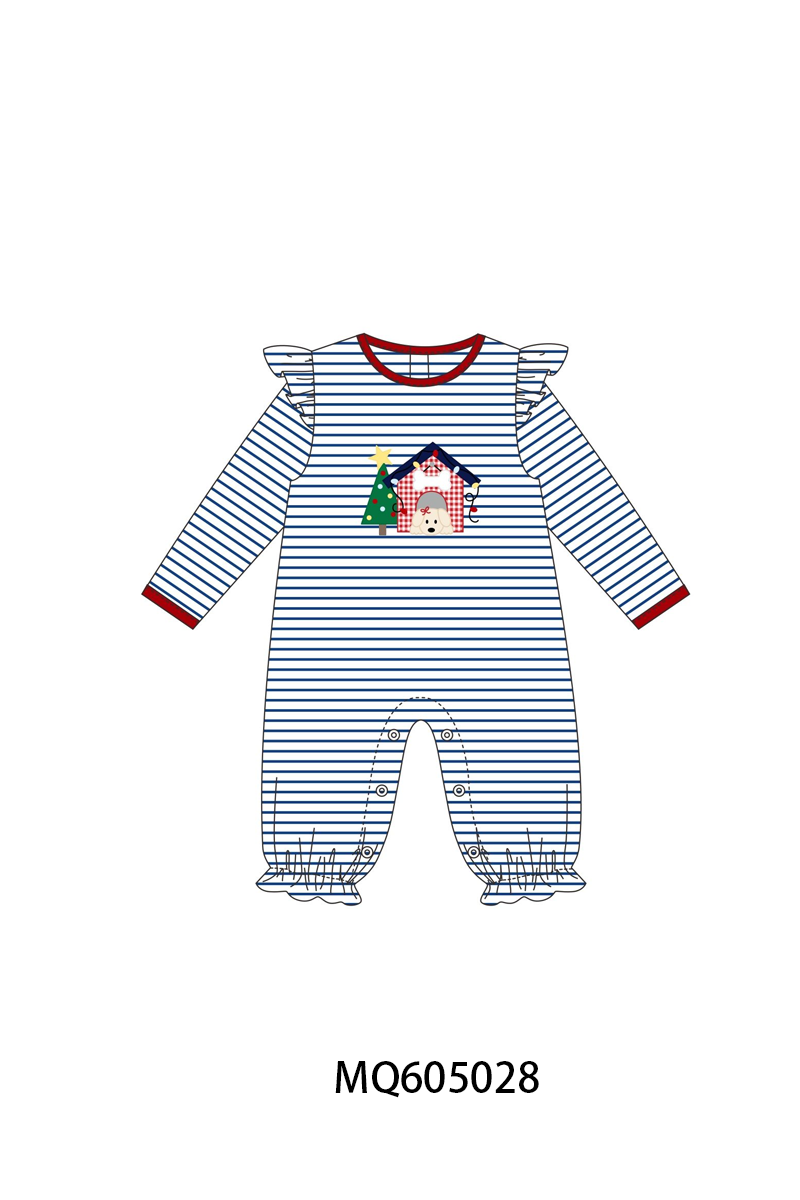 Navy stripe Christmas tree puppy appliqué collection-ETA early December
