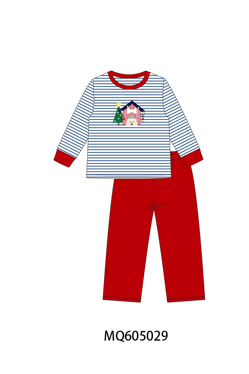 Navy stripe Christmas tree puppy appliqué collection-ETA early December