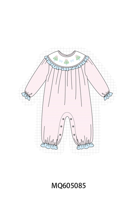 Pink stripe Christmas tree bow embroidery ruffle collection-ETA early December