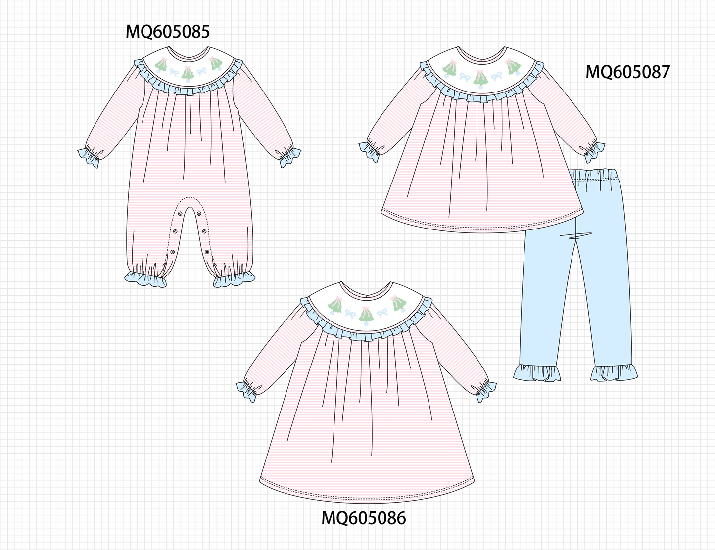 Pink stripe Christmas tree bow embroidery ruffle collection-ETA early December