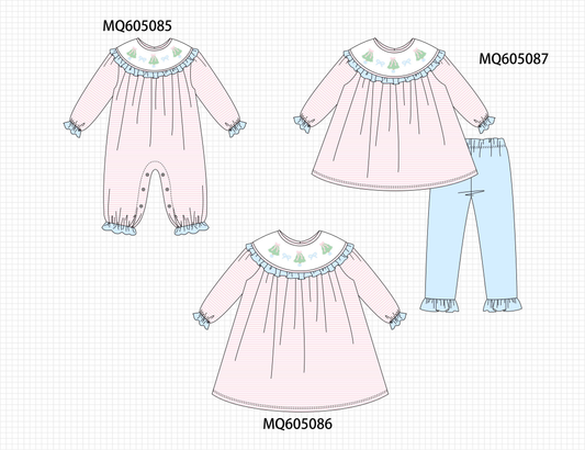 Pink stripe Christmas tree bow embroidery ruffle collection-ETA early December