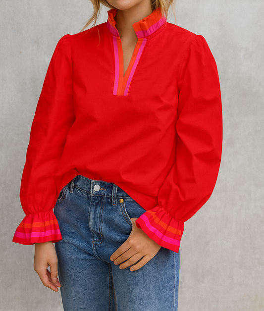 Red Striped Ruffle Blouse Preorder-November