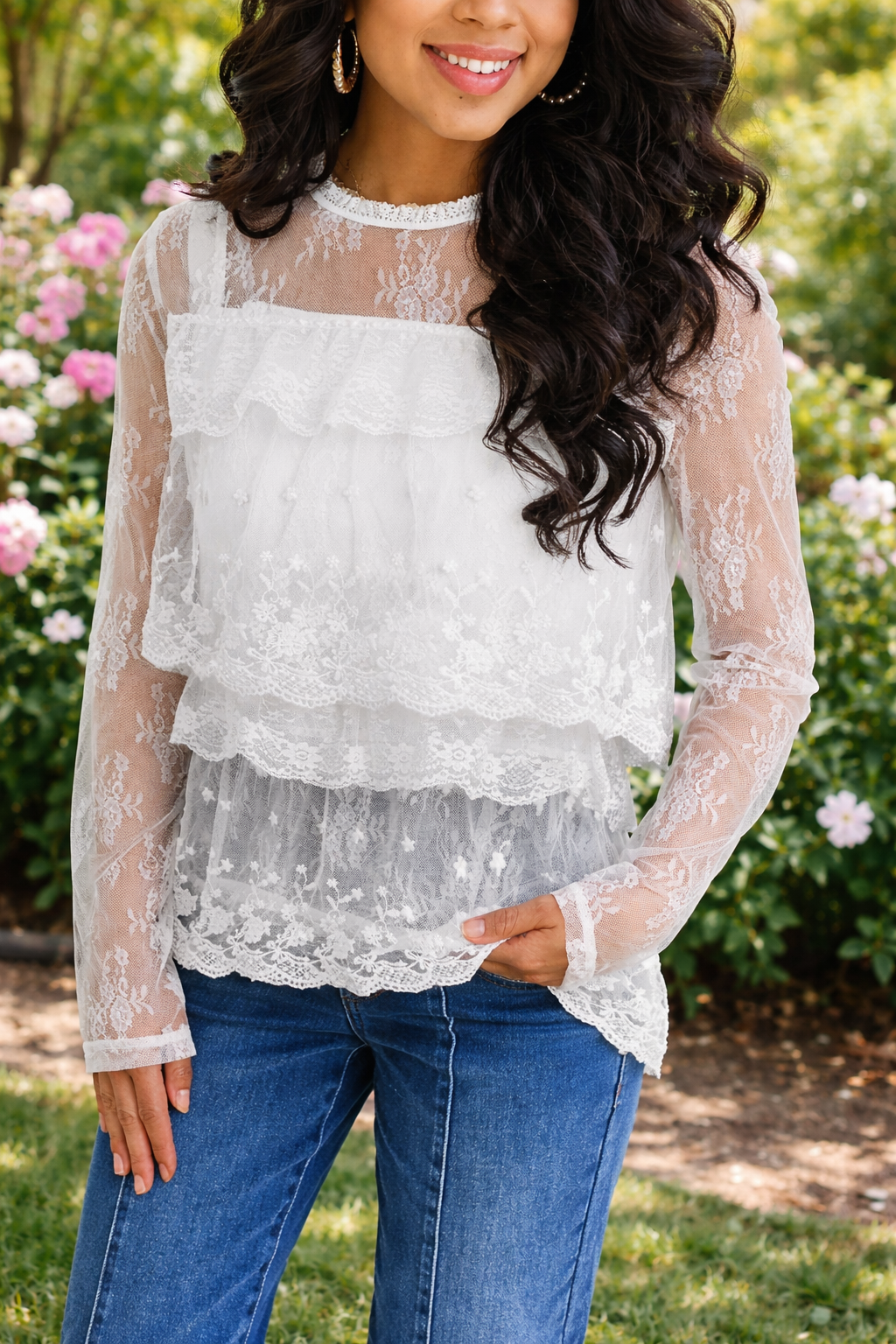 White Floral Lace Blouse FB