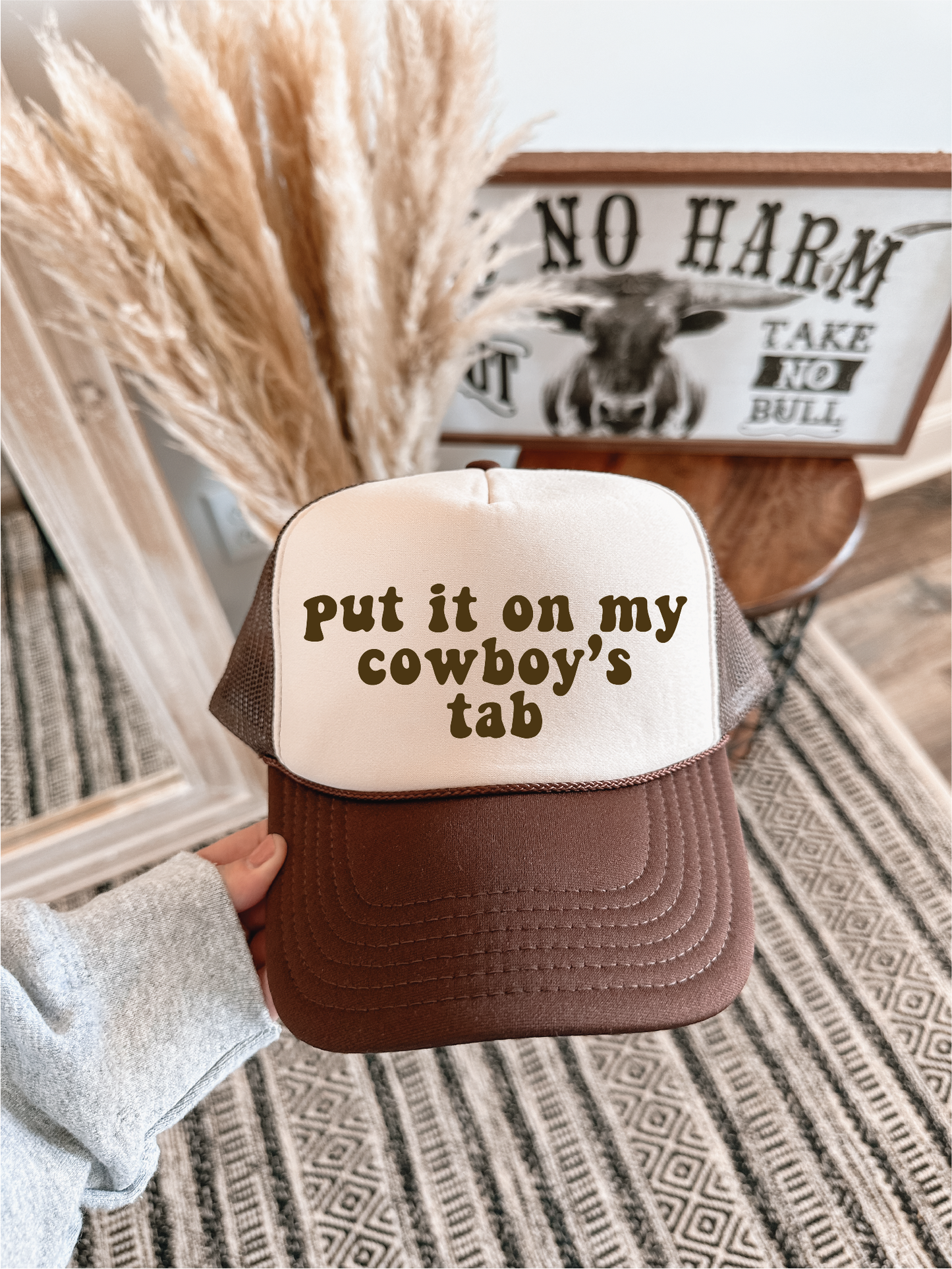 Put it on Cowboys Tab DTF Printed Brown & Tan Trucker Hat